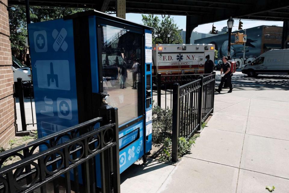 PHOTO: A vending machine in Brooklyn that disperses fentanyl test strips and naloxone as well as other personal health items for free is officially opened on June 5, 2023, in New York City. (Spencer Platt/Getty Images, FILE)