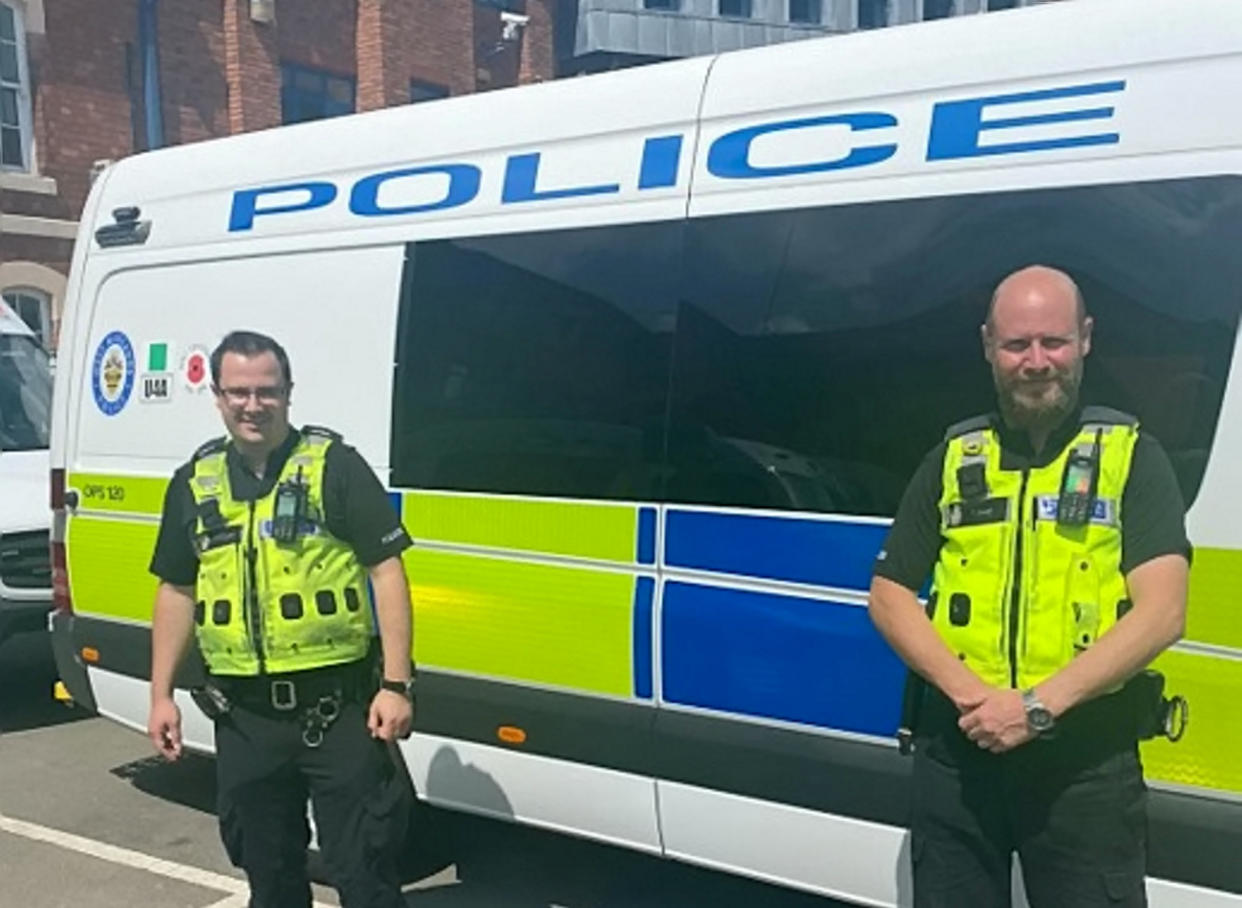 PCs Alfie Ratcliffe (left) and Tom Dale (right) rescued the man as he struggled to breathe after getting tangled up in a skipping rope tied to a tree. (SWNS)