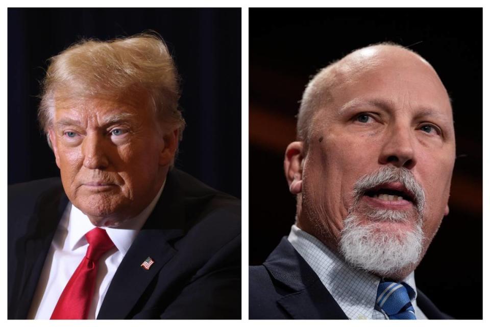 Chip Roy and Donald Trump. Left: Donald Trump speaks at a campaign event at the Hyatt Hotel on December 13, 2023 in Coralville. Right: Rep. Chip Roy speaks during a news conference with members of the House Freedom Caucus at the U.S. Capitol November 29, 2023. The former president was criticized after a Truth Social attack on Chip Roy.