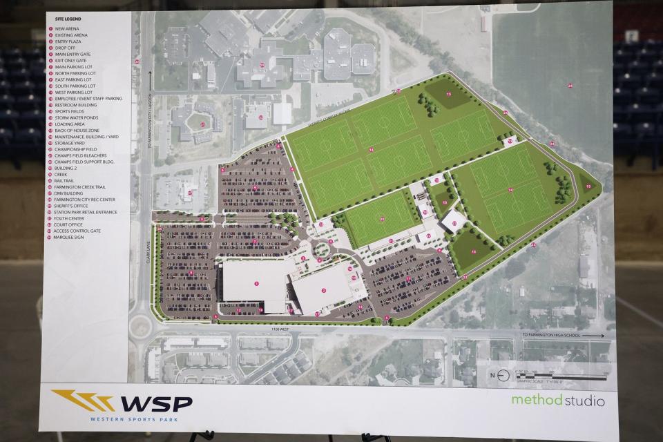Renderings of the new Western Sports Park are displayed after a groundbreaking event for a new sports facility in Farmington on Tuesday. The state-of-the-art facility aims to expand sports tourism in Davis County.