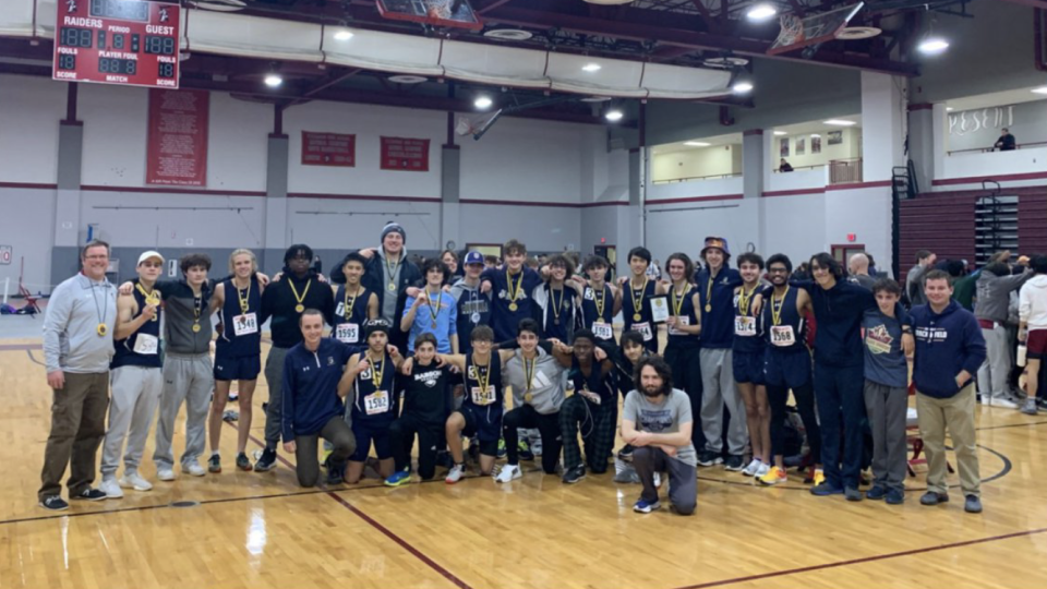 Shrewsbury boys' indoor track team celebrates winning the Mid-Wach A league meet.