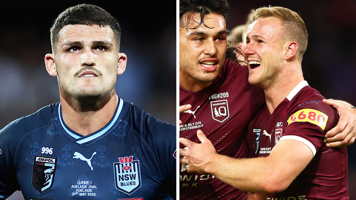 Nathan Cleary looks on during State of Origin and Daly Cherry-Evans celebrates.