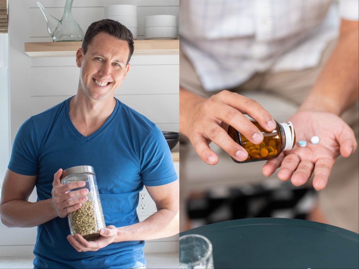 A composite image of Dr. Will Bulsiewicz and a close-up of someone pouring pills into their hand.