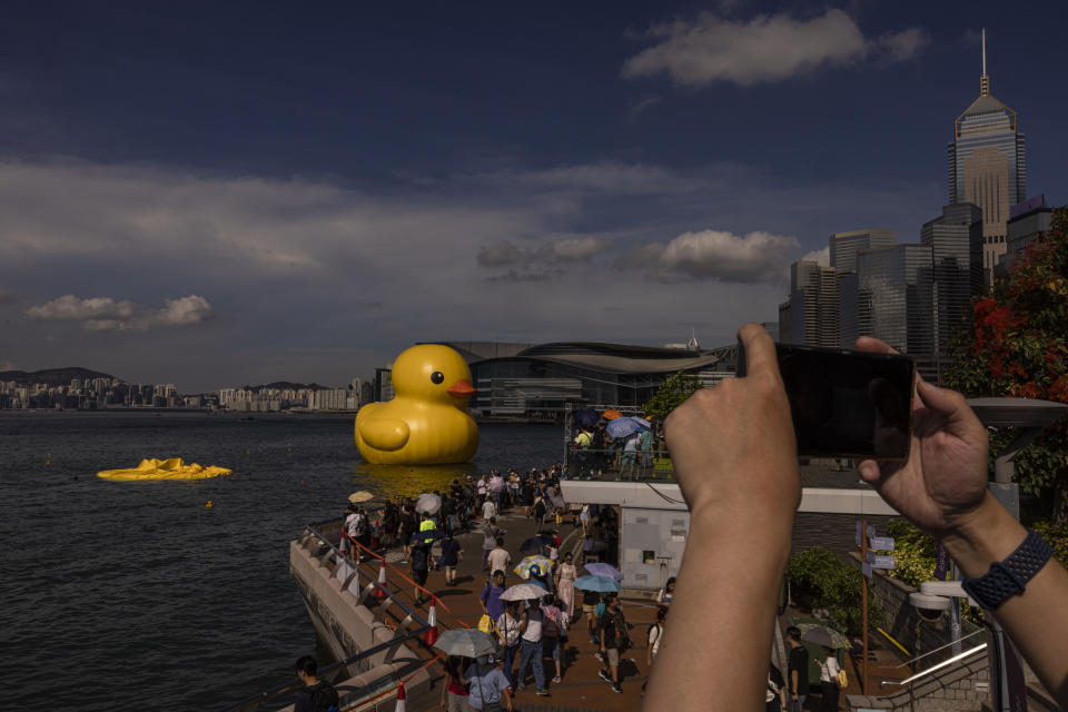 An art installation called "Double Ducks" by Dutch artist Florentijn Hofman as one of the duck is deflated at Victoria Harbour in Hong Kong, Saturday, June 10, 2023. (AP Photo/Louise Delmotte)