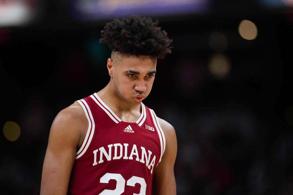 INDIANAPOLIS, IN - DECEMBER 18: Indiana Hoosiers forward Trayce Jackson-Davis (23) stands at the free throw line during the mens college basketball game between the Indiana Hoosiers and Notre Dame Fighting Irish on December 18, 2021, at Gainbridge Fieldhouse in Indianapolis, IN. (Photo by Zach Bolinger/Icon Sportswire via Getty Images)