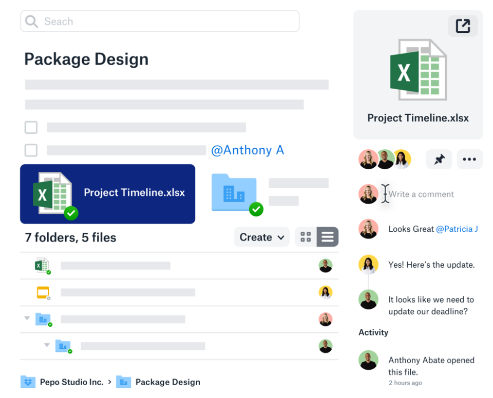 Clicking on a particular folder shows a timeline of changes and comments from users. Source: Dropbox