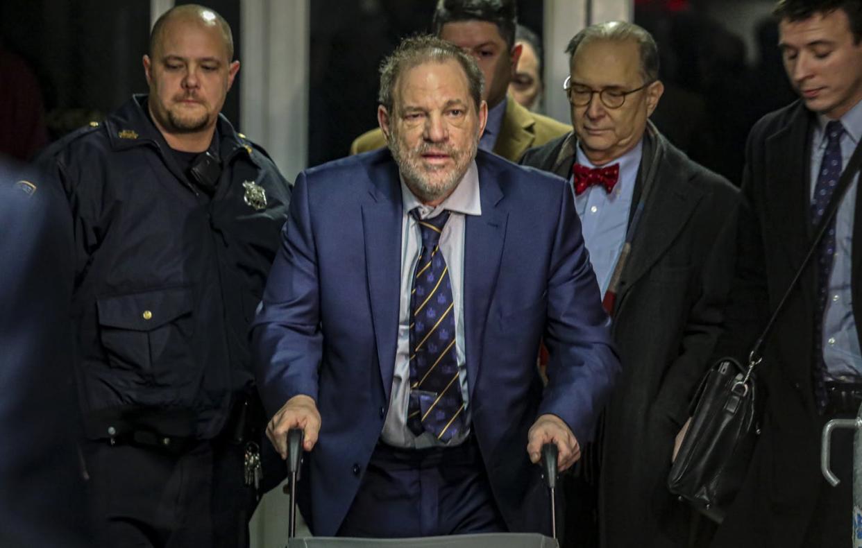 <span class="caption">Harvey Weinstein leaves the court after prosecutors completed their closing argument in his rape trial on Feb. 14, 2020.</span> <span class="attribution"><a class="link " href="http://www.apimages.com/metadata/Index/Sexual-Misconduct-Weinstein/3be08db0fbe046788b215b09f31510d9/3/0" rel="nofollow noopener" target="_blank" data-ylk="slk:AP Photo/Bebeto Matthews;elm:context_link;itc:0;sec:content-canvas">AP Photo/Bebeto Matthews</a></span>