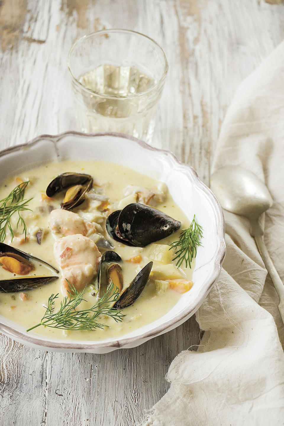 This image shows a recipe for creamy seafood chowder from Imen McDonnell's “The Farmette Cookbook: Recipes and Adventures from My Life on an Irish Farm.” (Imen McDonnell via AP)