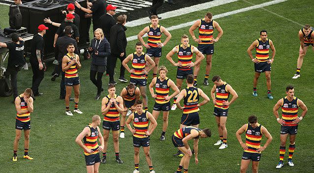 The Crows following Saturday's Grand Final loss. Source: AAP