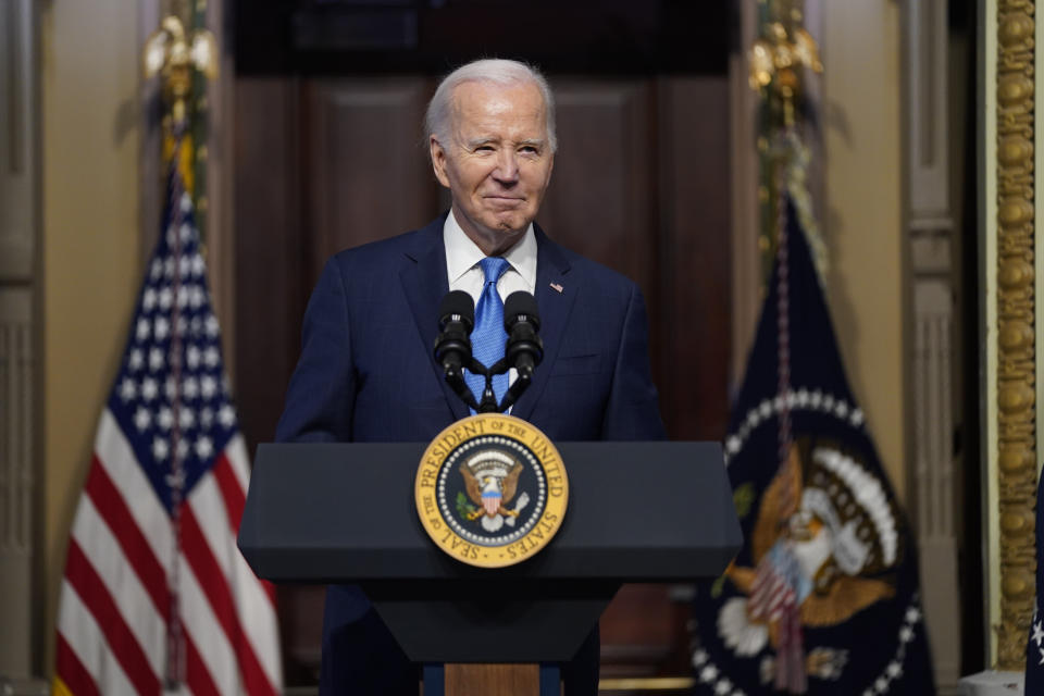 President Joe Biden speaks during a meeting of the National Infrastructure Advisory Council in the Indian Treaty Room on the White House campus, Wednesday, Dec. 13, 2023, in Washington. (AP Photo/Evan Vucci)