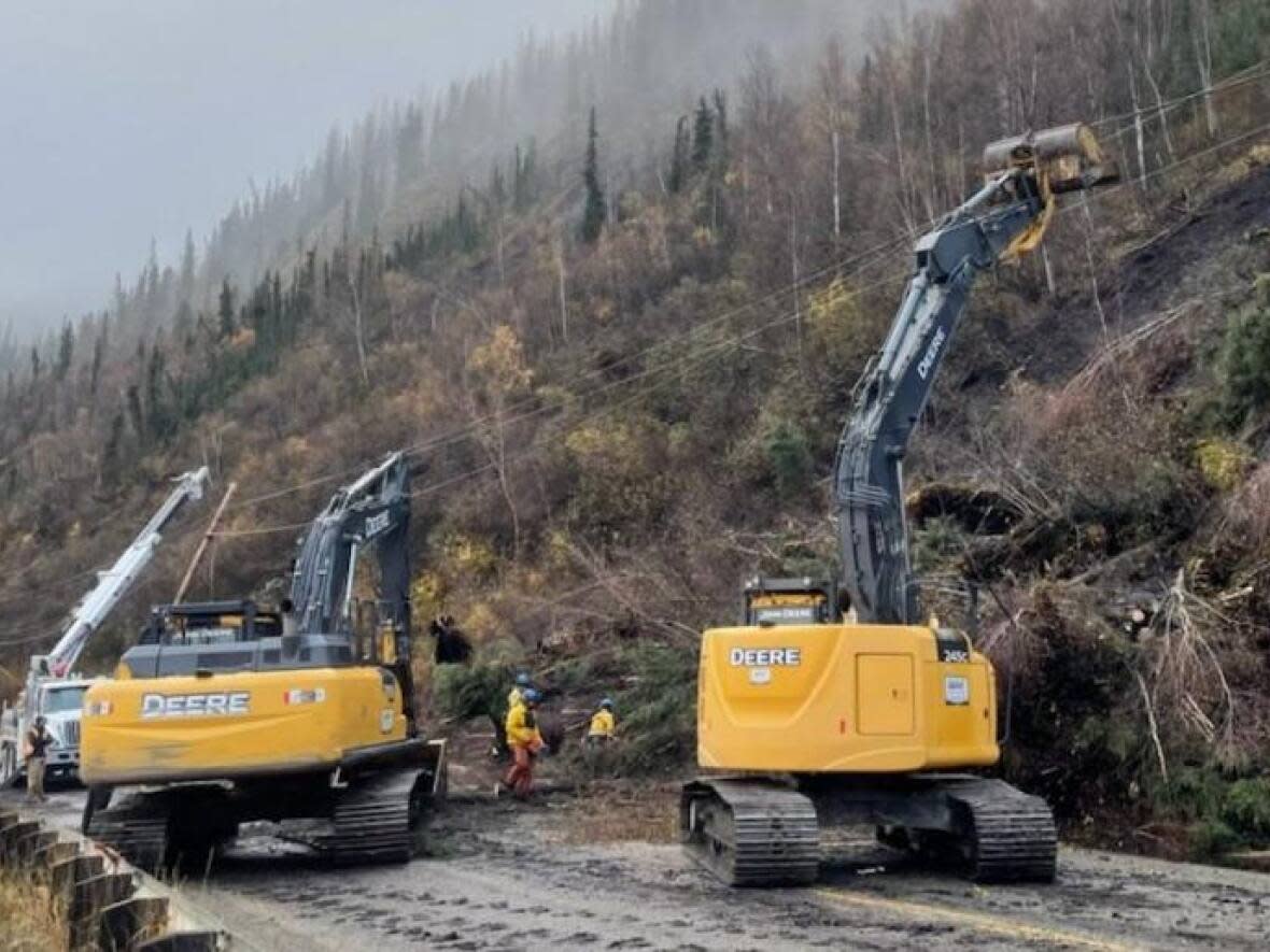 Two sections of the Yukon North Klondike Highway opened to single lane traffic on Saturday. This came after landslides closed both sections on Thursday.  (Yukon Highway and Public Works/Facebook - image credit)