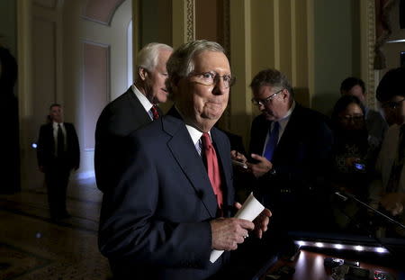 U.S. Senate Majority Leader Mitch McConnell (R-KY) arrives to talks to the media after a weekly Senate Republican luncheon on Capitol Hill in Washington, U.S., April 19, 2016. REUTERS/Yuri Gripas