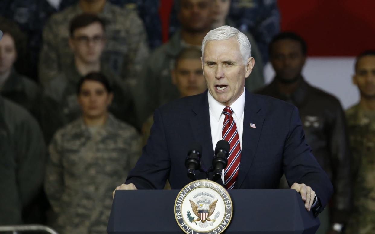 U.S. Vice President Mike Pence addresses U.S. military personnel at Yokota Air Base in Fussa, Tokyo - Reuters