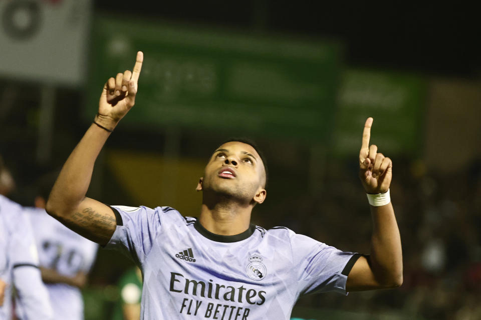Real Madrid's Rodrygo celebrates after scoring the opening goal during a Spanish Copa del Rey round of 32 soccer match between Cacereno and Real Madrid at the Principe Felipe stadium in Caceres, Spain, Tuesday Jan. 3, 2023. (AP Photo/Pablo Garcia)
