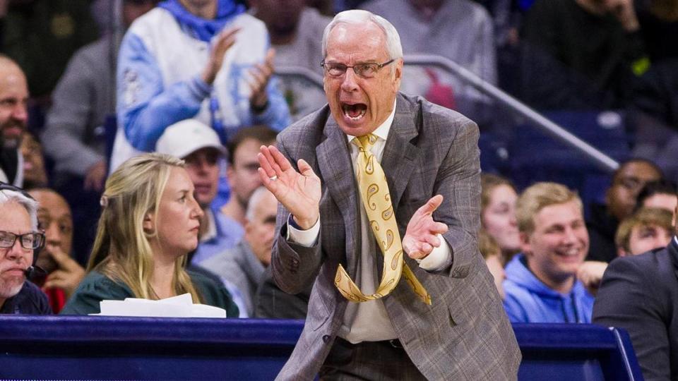 North Carolina head coach Roy Williams yells to his team during the second half of an NCAA college basketball game against Notre Dame on Monday, Feb. 17, 2020, in South Bend, Ind. Notre Dame won 77-76. (AP Photo/Robert Franklin)
