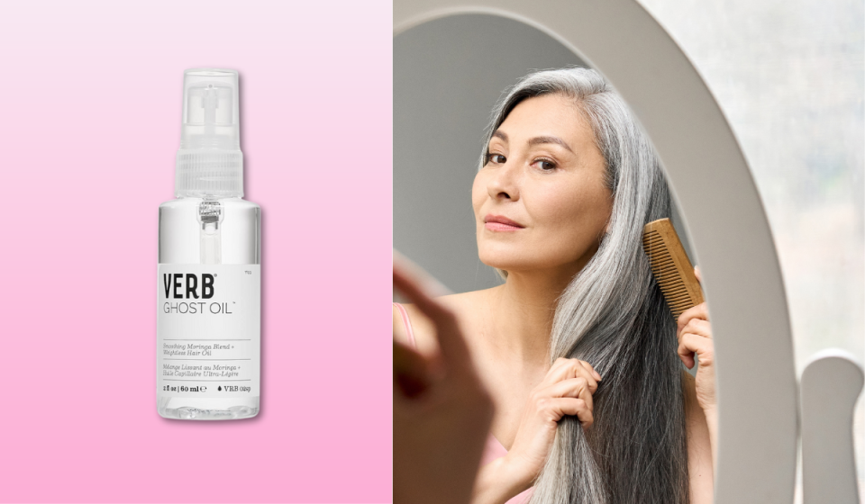 Verb Ghost Oil product, and a woman combing her hair.