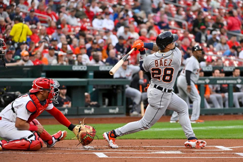 Detroit Tigers shortstop Javier Baez (28) hits a two-run home run against the St. Louis Cardinals during the first inning at Busch Stadium in St. Louis on Friday, May 5, 2023.
