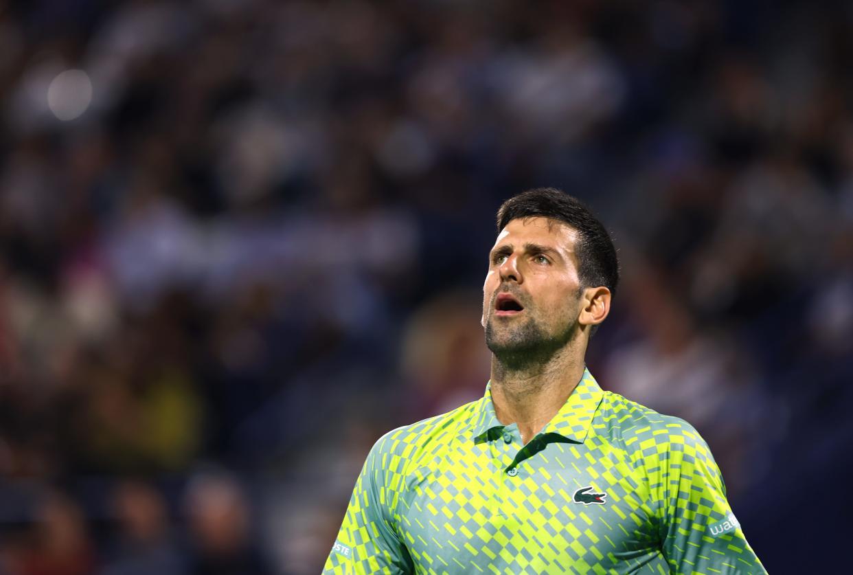 Novak Djokovic, reacting here against Hubert Hurkacz during their men's quarterfinal match in Dubai on March 02, 2023, will not play in Indian Wells or Miami this year.