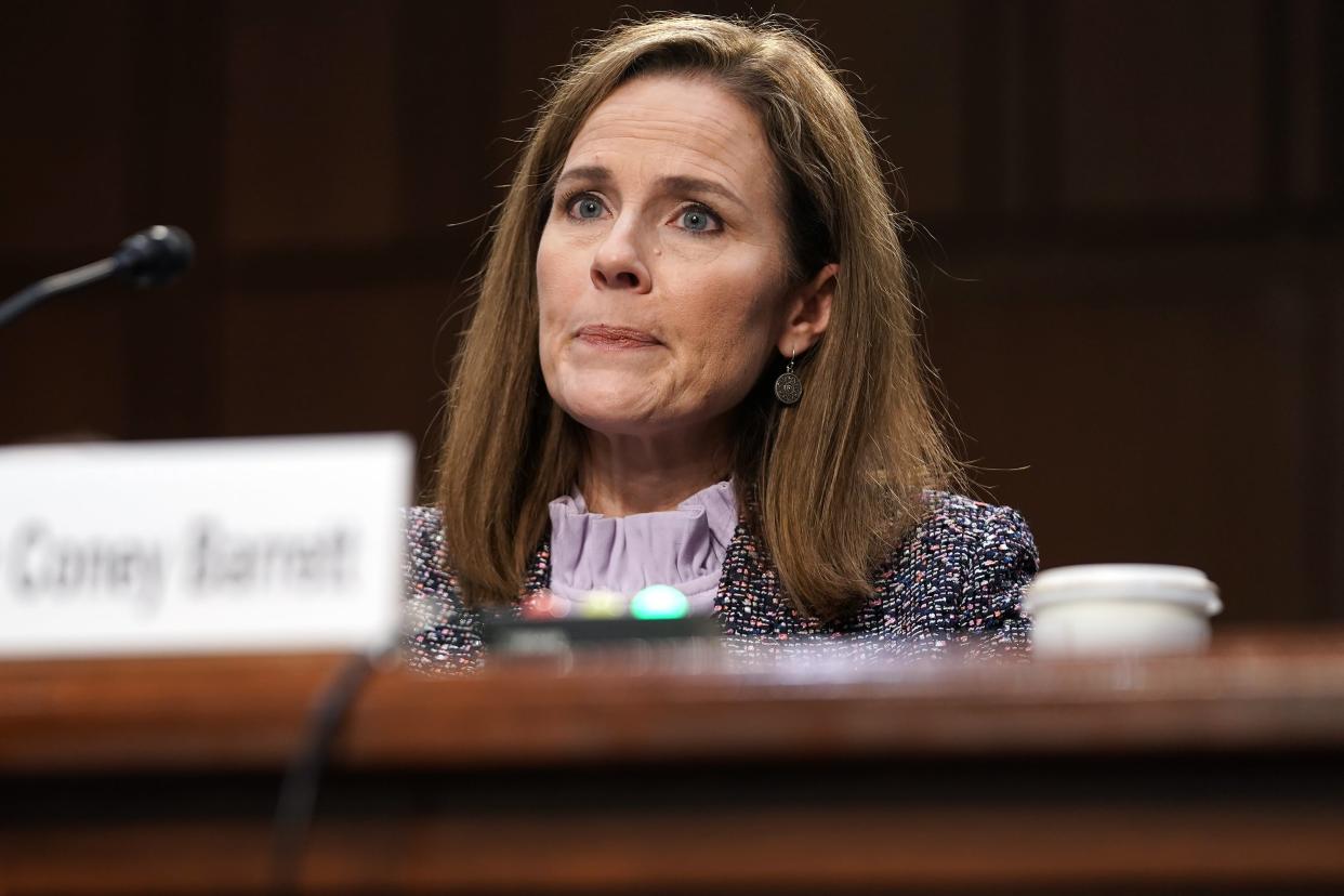 Supreme Court nominee Judge Amy Coney Barrett appears before the Senate Judiciary Committee on the third day of her Supreme Court confirmation hearing on Capitol Hill on 14 October 2020 (Getty Images)