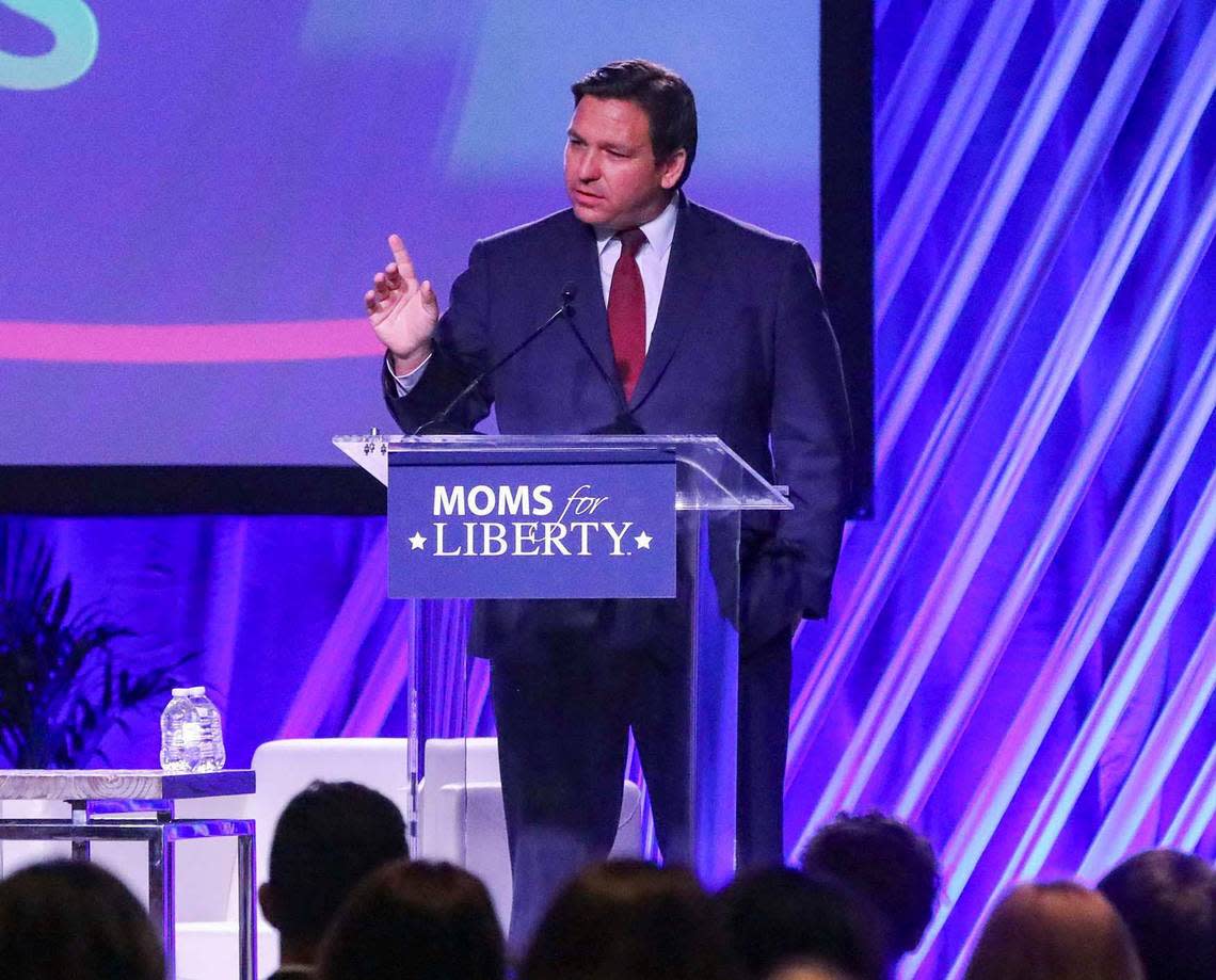 Gov. DeSantis speaks during the Moms for Liberty National Summit on Friday, July 15, 2022 in Tampa.