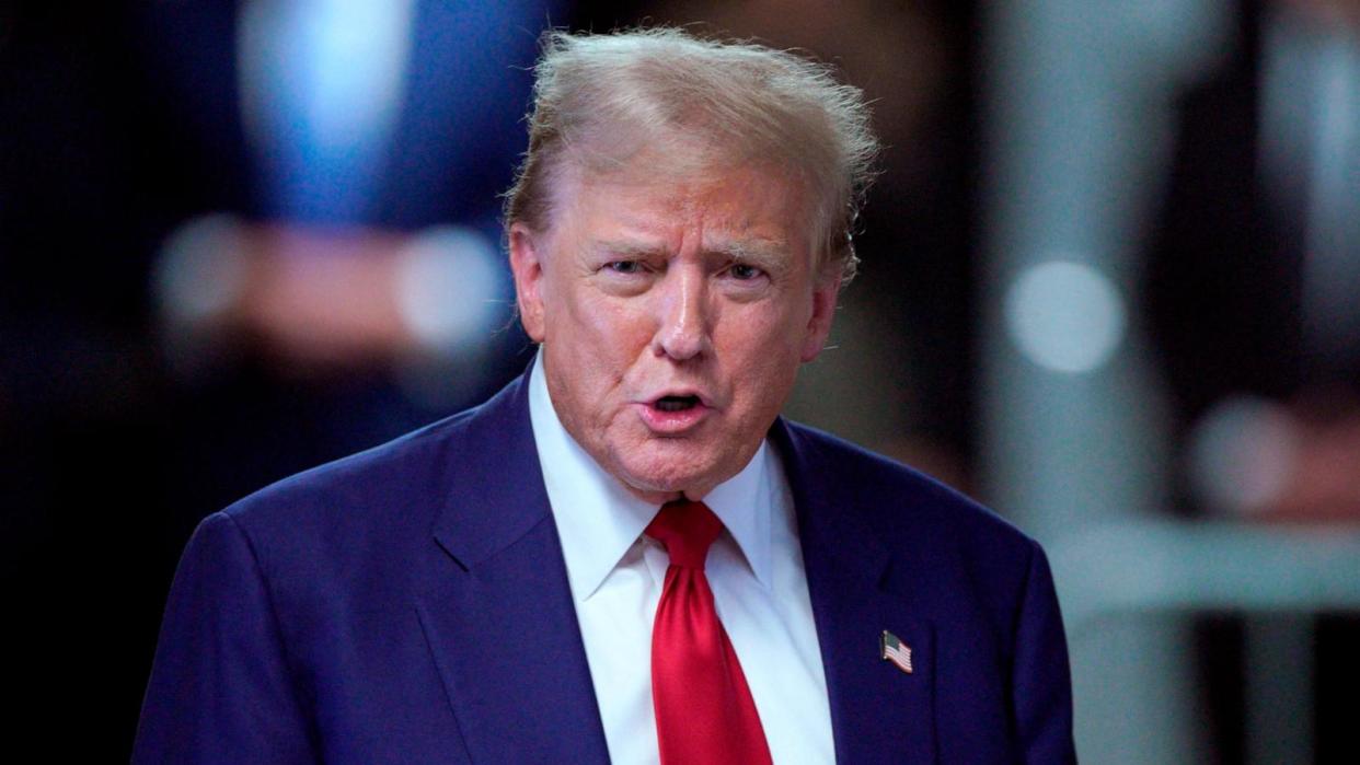 PHOTO: Former President Donald Trump speaks to the press before departing for the day at his trial at Manhattan Criminal Court in New York City, Apr. 30, 2024.  (Eduardo Munoz/POOL/AFP via Getty Images)