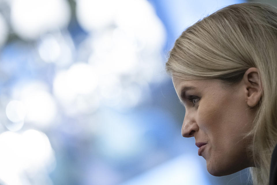 Former Facebook employee and whistleblower Frances Haugen testifies during a Senate Committee on Commerce, Science, and Transportation hearing on Capitol Hill on Tuesday, Oct. 5, 2021, in Washington. (Drew Angerer/Pool via AP)