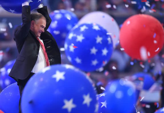 Vice Presidential candidate Tim Kaine holds ballons after the fourth and final day of the Democratic National Convention on July 28, 2016 in Philadelphia, Pennsylvania.   / AFP / Timothy A. CLARY        (Photo credit should read TIMOTHY A. CLARY/AFP/Getty Images)