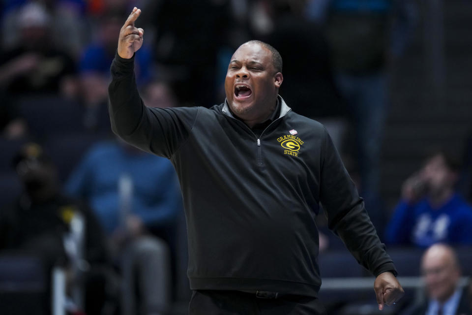 Grambling State coach Donte' Jackson gestures during the first half of the team's First Four game against Montana State in the NCAA men's college basketball tournament Wednesday, March 20, 2024, in Dayton, Ohio. (AP Photo/Aaron Doster)