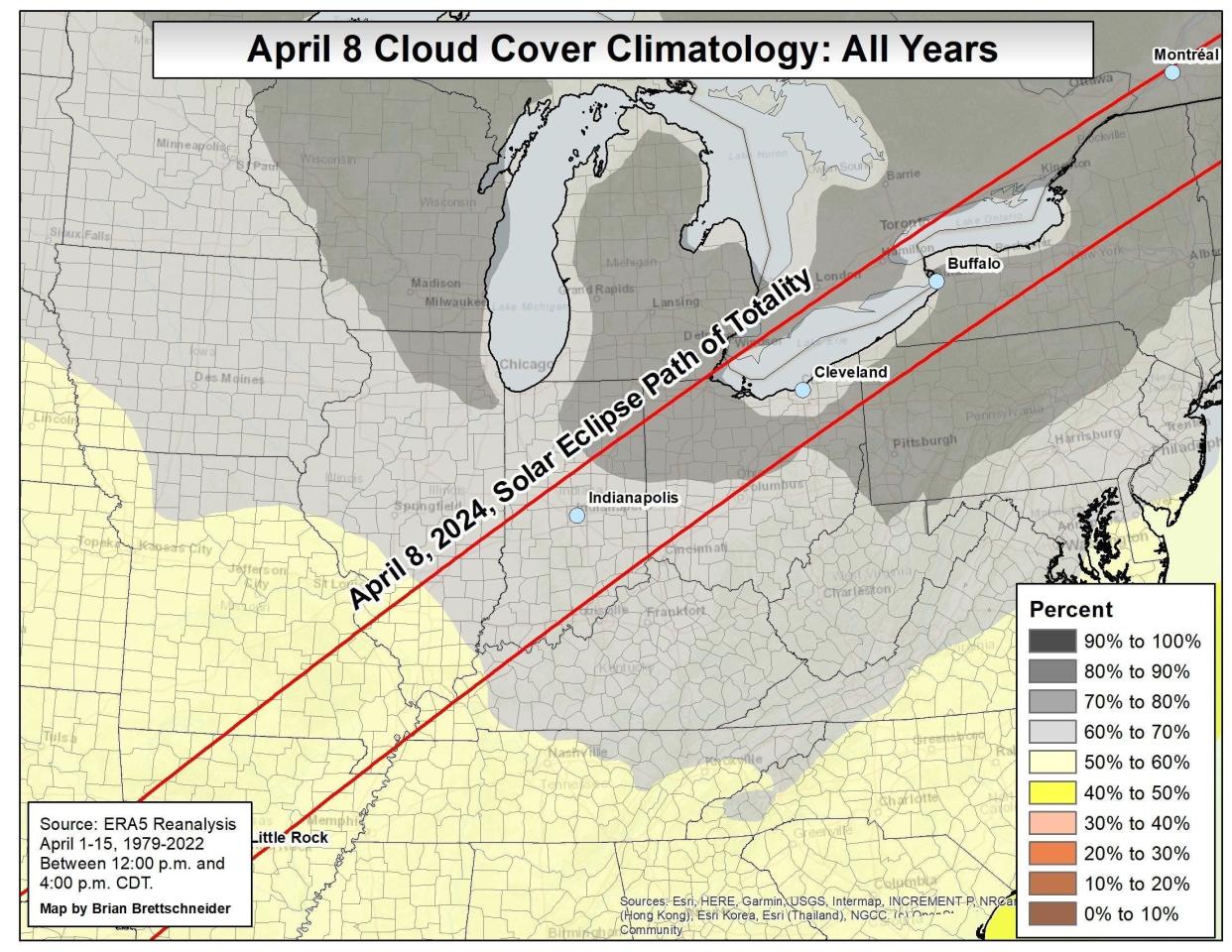 A map shows the likelihood of cloud cover on the day of the total eclipse in northern Ohio.