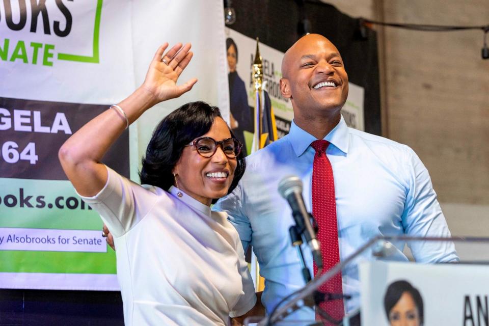 PHOTO: Angela Alsobrooks stands with Gov. Wes Moore during a campaign event for her run for the U.S. Senate in Baltimore, Md., October 23, 2023.<p>(The Washington Post via Getty Images)