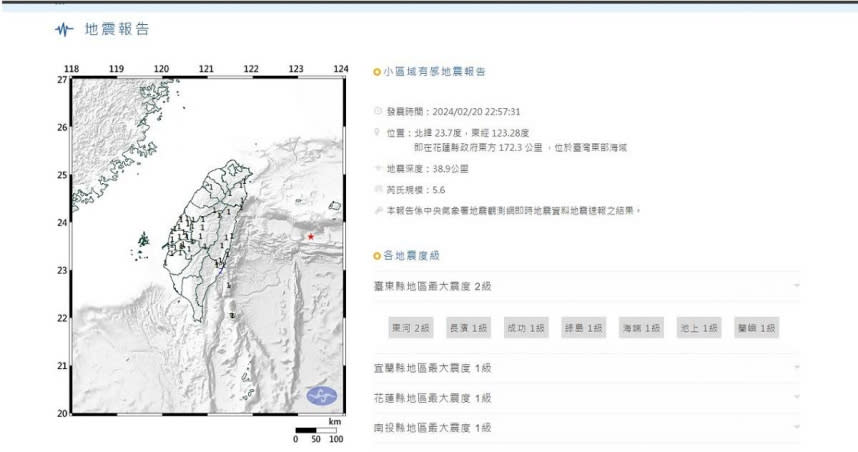 昨（20日）晚21:56至今（21日）半夜00:08一連發生4起有感地震，最大規模為5.6。（圖／翻攝自交通部中央氣象署）