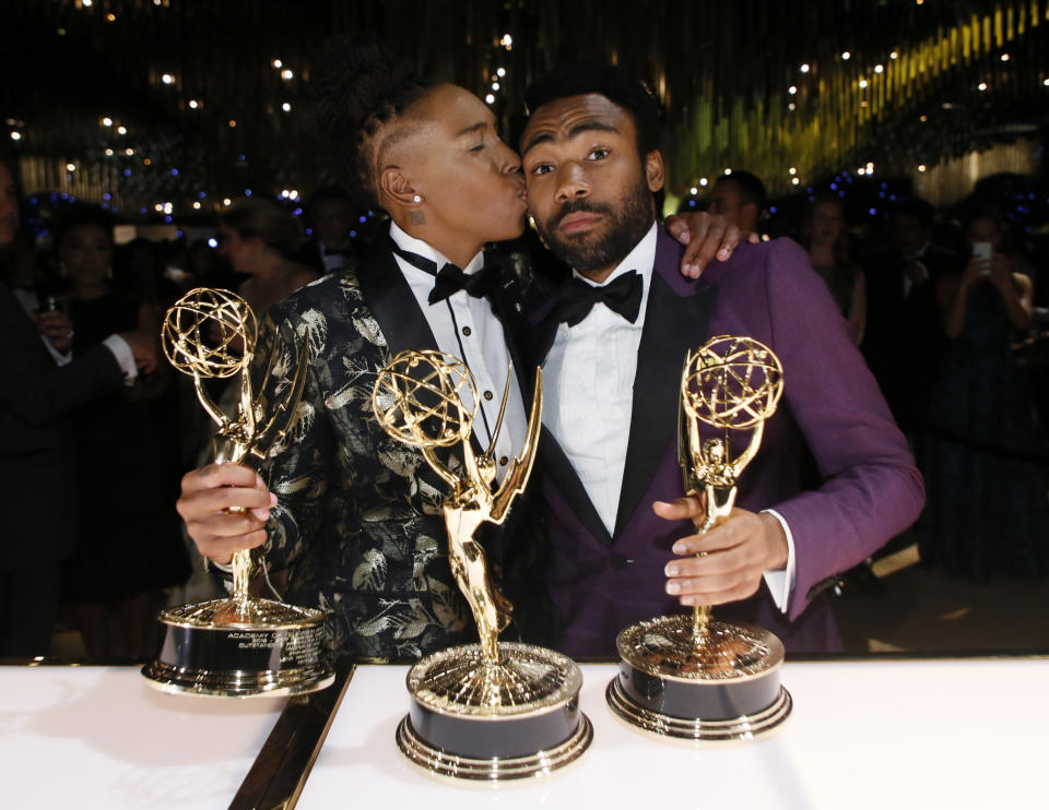 <p>Lena Waithe and Donald Glover at the Governors Ball. (Photo: Danny Moloshok/Invision for the Television Academy/AP Images) </p>