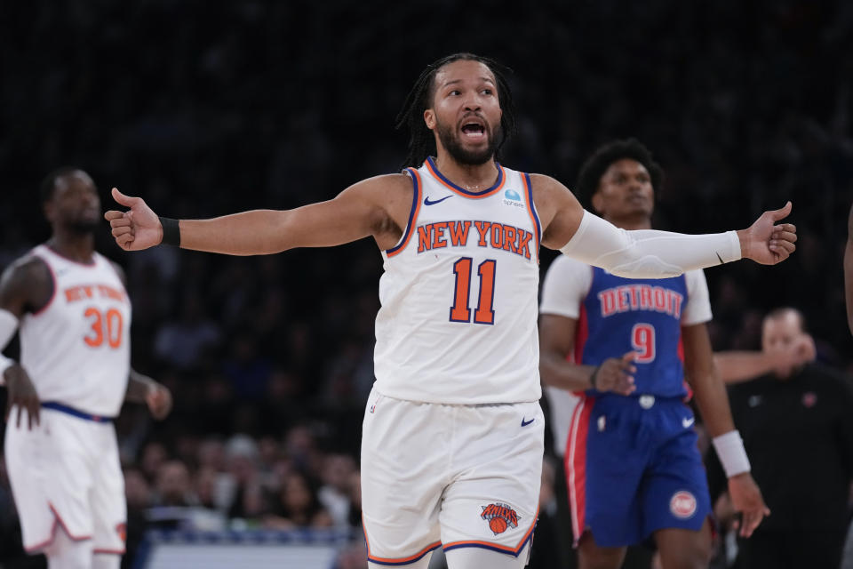 New York Knicks' Jalen Brunson reacts during the first half of an NBA basketball game against the Detroit Pistons, Thursday, Nov. 30, 2023, in New York. (AP Photo/Seth Wenig)