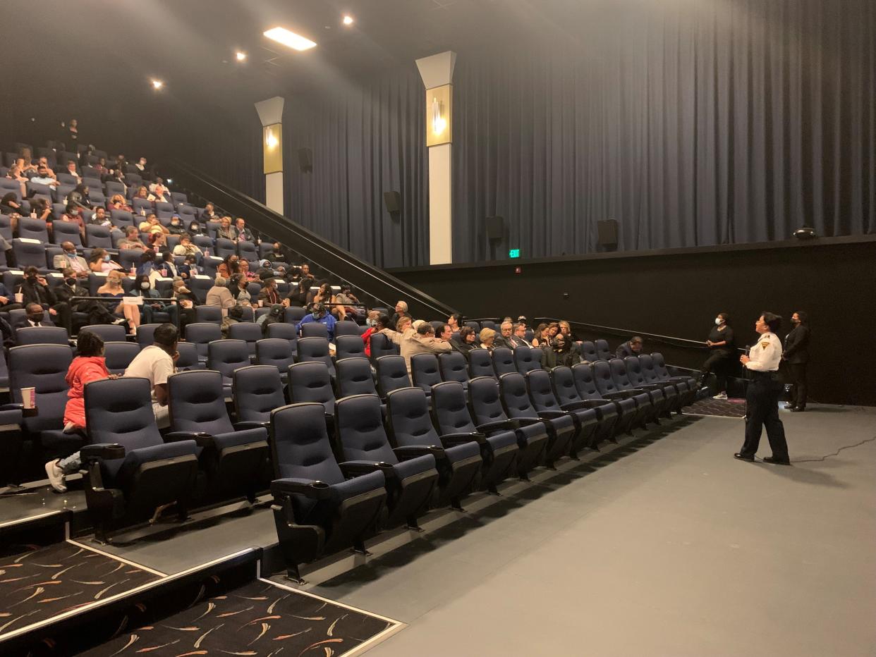 Fayetteville Police Chief Gina Hawkins listens to audience members Thursday night after the debut of "The Crux," an educational film that will be shown to Cumberland County middle schoolers to teach about gun violence.