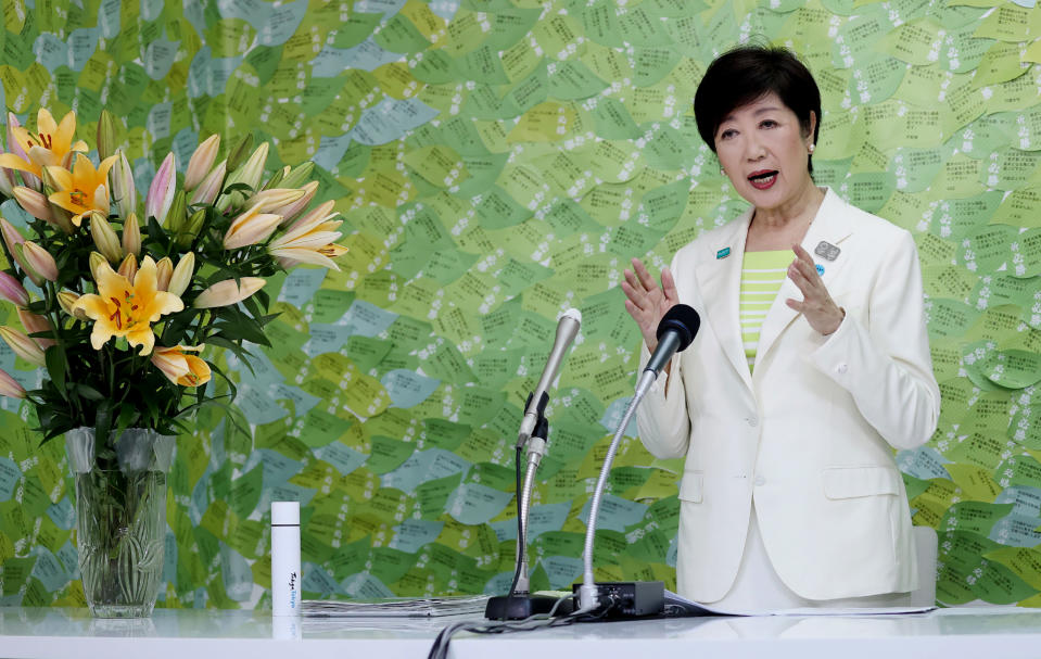 Tokyo governor Yuriko Koike speaks during a media interview in Tokyo on July 5, 2020. - Tokyo governor Yuriko Koike declared victory in the July 5 vote to elect the leader of one of the world's most populous cities and immediately vowed to step up the fight against a recent coronavirus resurgence. (Photo by STR / JIJI PRESS / AFP) / Japan OUT (Photo by STR/JIJI PRESS/AFP via Getty Images)