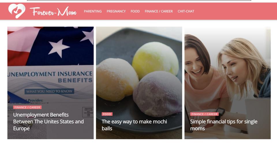 The homepage of forever-mom.com on January 25, 2023, including articles on unemployment benefits, mochi balls, and financial advice.