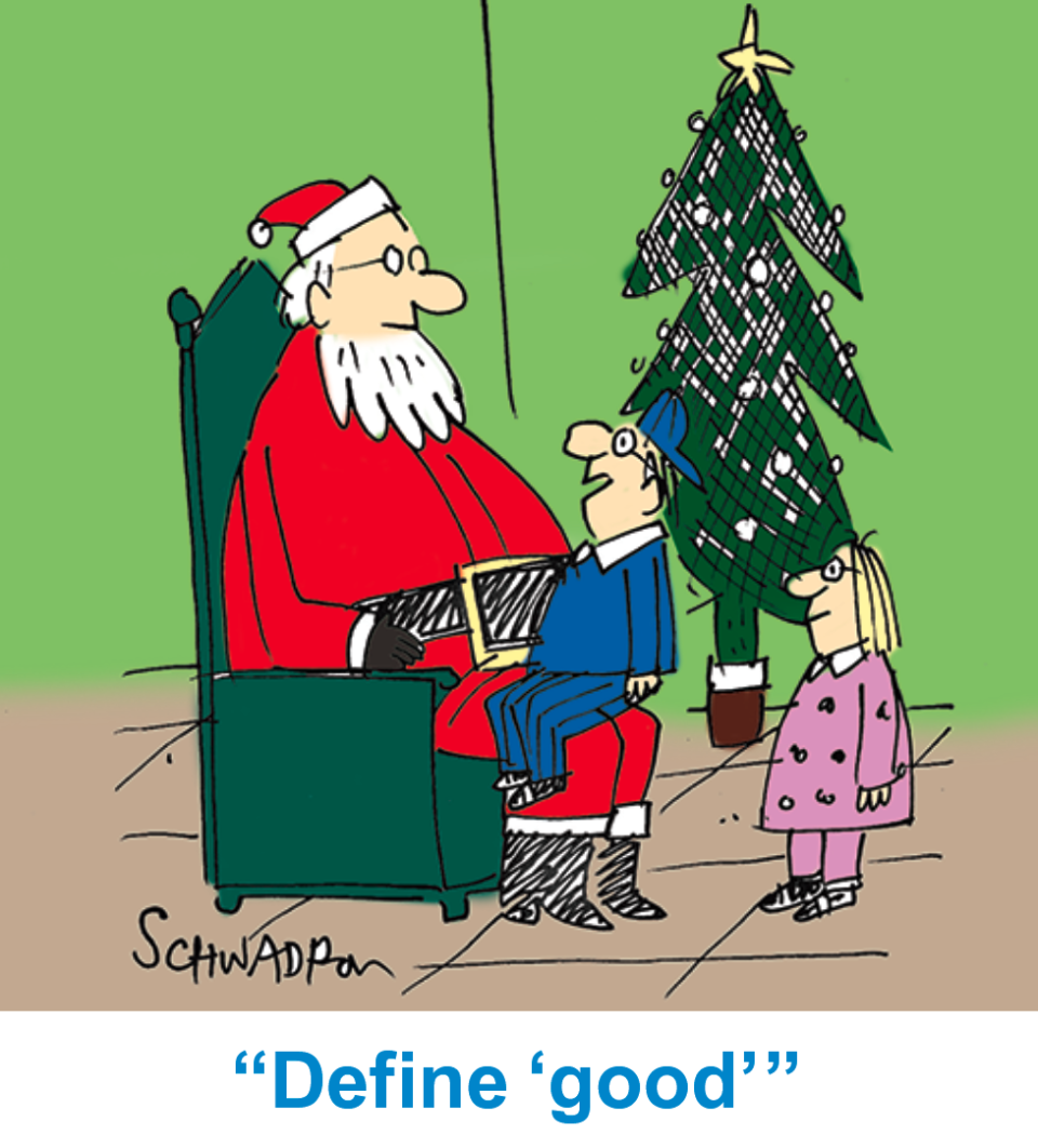 Santa jokes: Cartoon of boy on Santa's lap saying, 