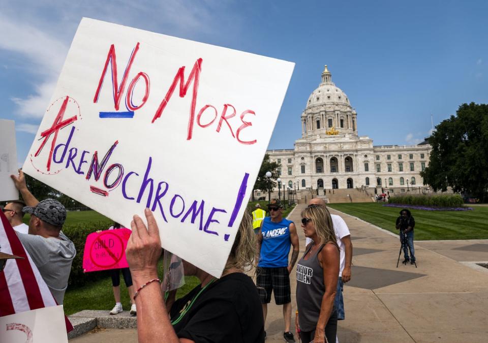 <span class="caption">Protesters at a rally in Minnesota. QAnon supporters believe the chemical compound adrenochrome is being harvested from abused children.</span> <span class="attribution"><a class="link " href="https://www.gettyimages.com/detail/news-photo/people-march-during-a-save-the-children-rally-outside-the-news-photo/1228159550?adppopup=true" rel="nofollow noopener" target="_blank" data-ylk="slk:Stephen Maturen/Getty Images;elm:context_link;itc:0;sec:content-canvas">Stephen Maturen/Getty Images</a></span>