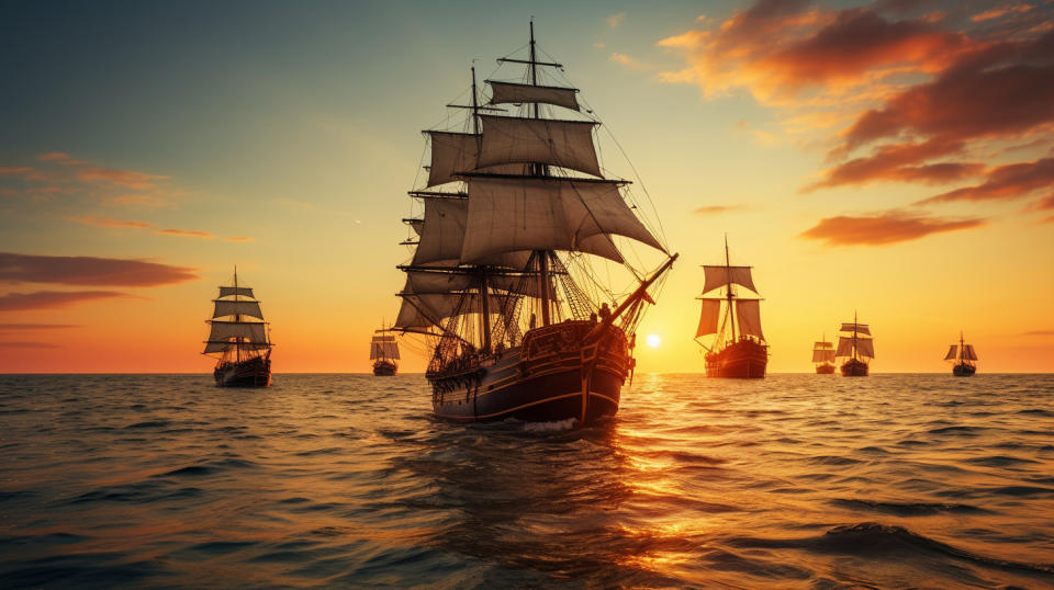 A fleet of vessels sailing in tandem, illuminated by the setting sun.