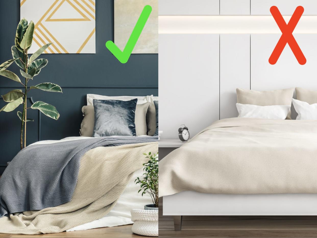 A tan and blue-gray bed with a blue-gray wall and a plant with a green checkmark next to it; A tan and white bedroom with bare floors with a red X next to it