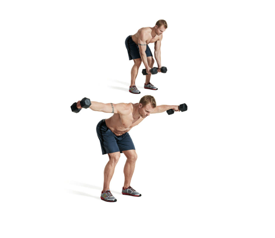 How to do it:<ol><li>Set up as you did for the neutral-grip row, but with lighter dumbbells. </li><li>Raise your arms out to your sides 90 degrees, squeezing your shoulder blades together at the top for a second. </li><li>Complete your set and then rest before beginning the next.</li></ol>Pro tip:<p>Set a timer for three minutes and perform each set within that time frame.</p>Variation:<p>This can be a variation of the lying lateral raise, where you lie on a bench at an angle and perform the move.</p>