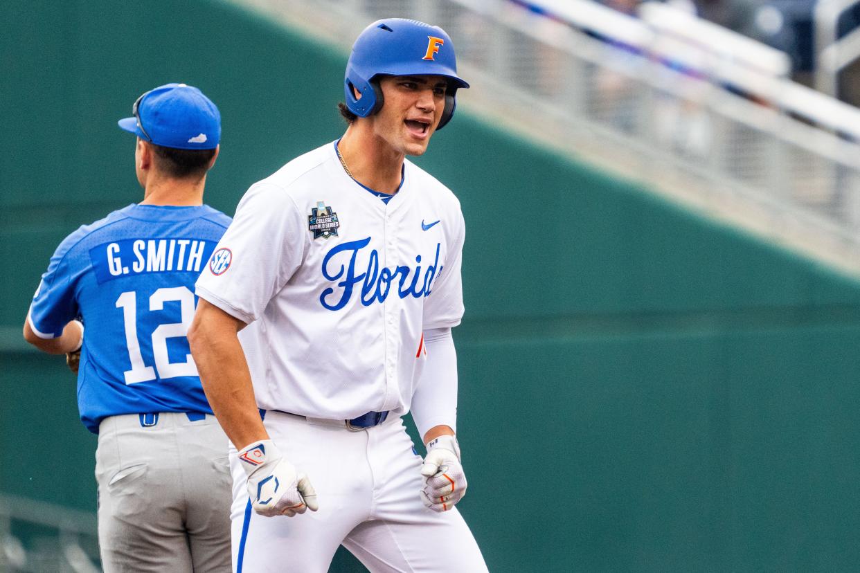 Florida's Jac Caglianone (14) reacts after hitting a double against Kentucky on June 19 in Omaha.