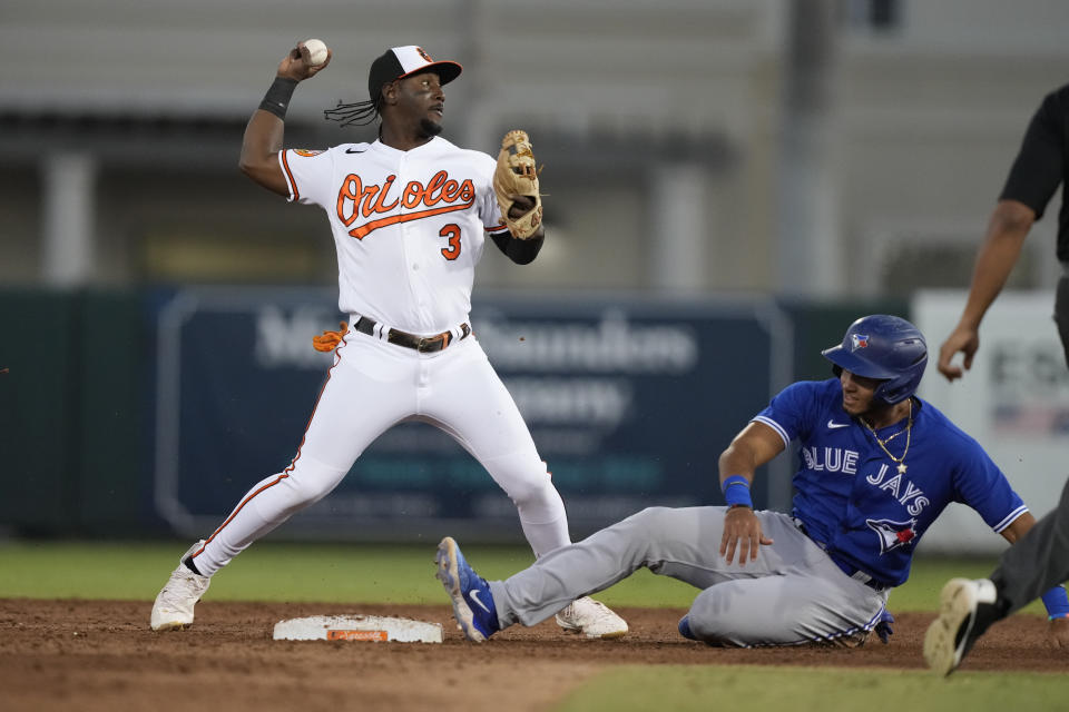 Toronto Blue Jays Alex De Jesus is forced out at second on a fielders choice as Baltimore Orioles shortstop Jorge Mateo (3) throws to first in the sixth inning of a spring training baseball game in Sarasota, Fla., Thursday, March 16, 2023. (AP Photo/Gerald Herbert)