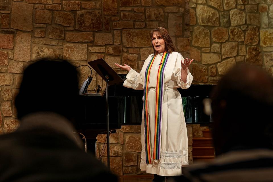 Pastor Tracy Beadle speaks to the congregation during a Sunday service at Westlake United Methodist Church on Sunday, May 5, 2024, just days after the United Methodists voted at their General Conference to adopt inclusive rules on sexuality.