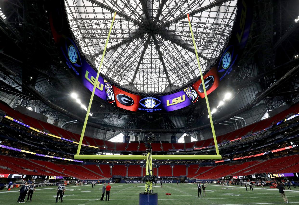 Dec 7, 2019; Atlanta, GA, USA; The interior of Mercedes-Benz Stadium is pictured before the 2019 SEC Championship game between the LSU Tigers and the Georgia Bulldogs. Mandatory Credit: Jason Getz-USA TODAY Sports