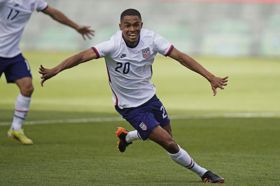 United States Reggie Cannon (20) celebrates after scoring against Costa Rica in the second half during an international friendly soccer match Wednesday, June 9, 2021, in Sandy, Utah. (AP Photo/Rick Bowmer)