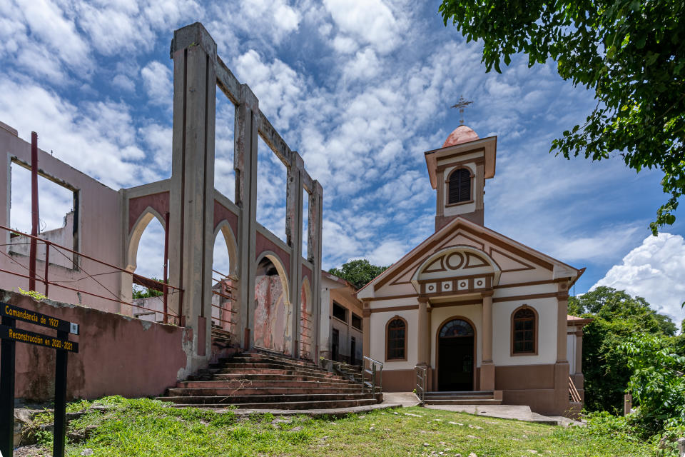 Beautiful view of the San Lucas national park Church and ruins- in Costa Rica