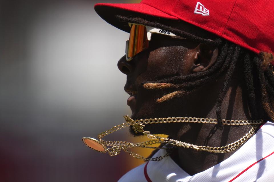 Jun 25, 2023; Cincinnati, Ohio, USA; Cincinnati Reds shortstop Elly De La Cruz (44) jogs in to the dugout in the middle of the fourth inning against the Atlanta Braves at Great American Ball Park. The Atlanta Braves won, 7-6. Mandatory Credit: Kareem Elgazzar-USA TODAY Sports