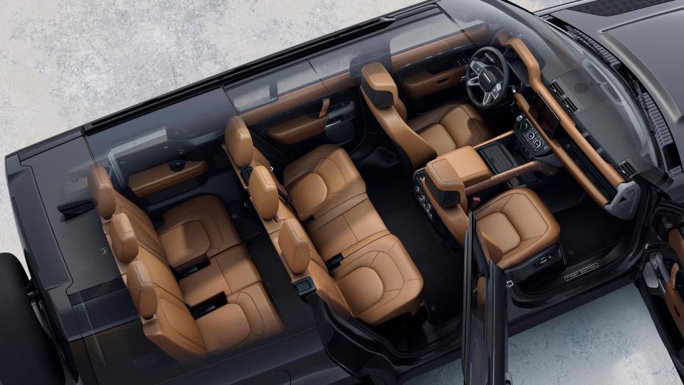 an overhead shot of the interior of the defender 130 with black and tan finishes