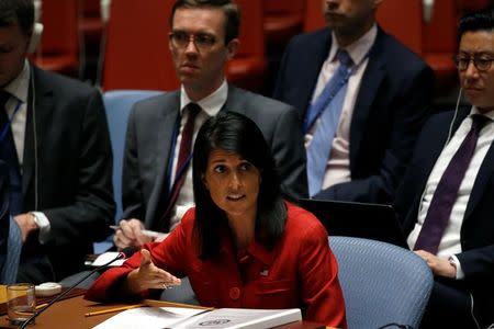 FILE PHOTO: U.S. Ambassador to the United Nations Nikki Haley speaks to the U.N. Security Council as it meets to discuss the recent ballistic missile launch by North Korea at U.N. headquarters in New York, U.S., July 5, 2017. REUTERS/Mike Segar